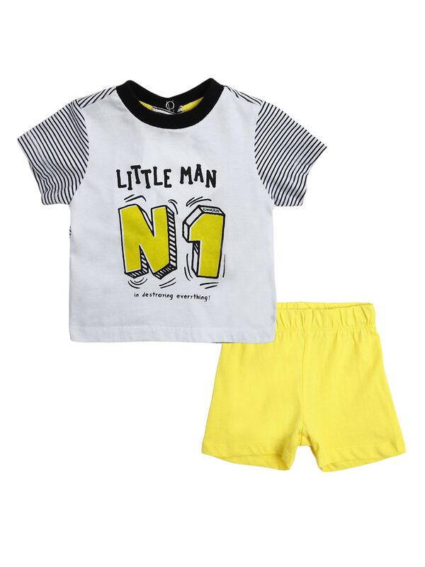 Boys White & Yellow Printed T-Shirt  with Short Pants image number 0